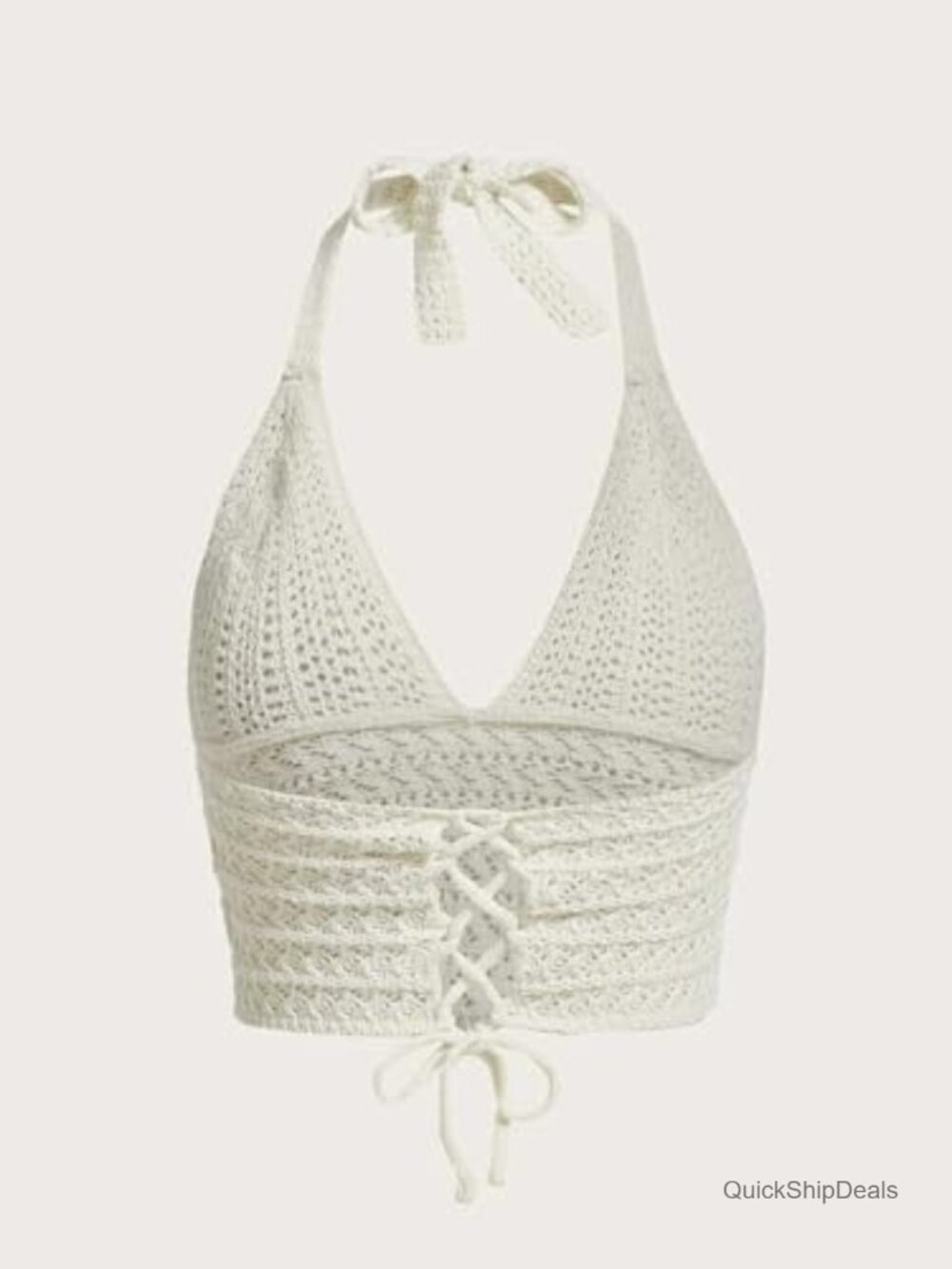 Lace Up Backless Crochet Crop Halter Top - Picture 4 of 7